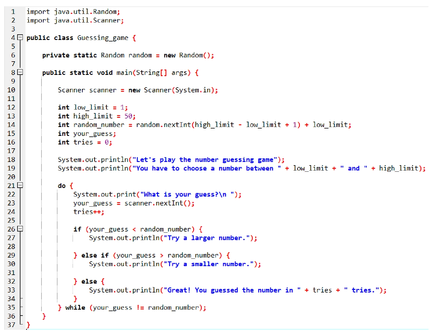 Figure 1: Java code for a number-guessing game