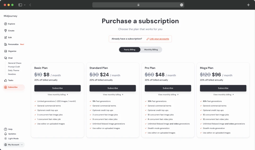 Midjourney pricing plan model