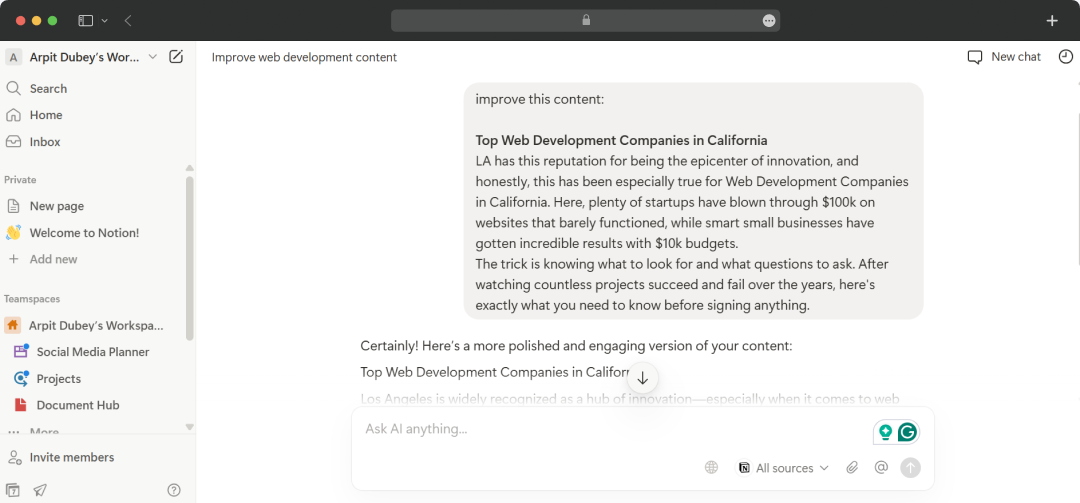 Writing and content creation in Notion AI