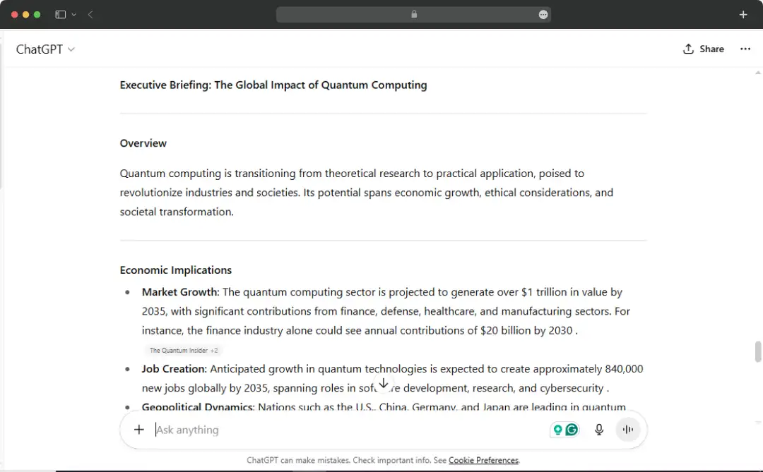 ChatGPT’s response for testing deep research & summarisation prompt
