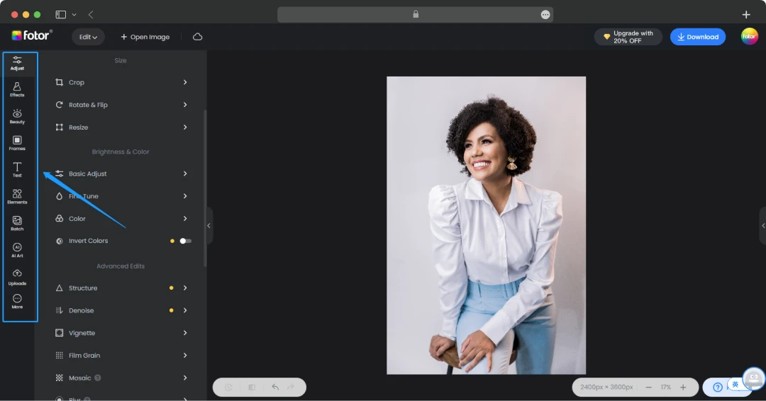 Upload your photo and edit it based on Fotor’s features